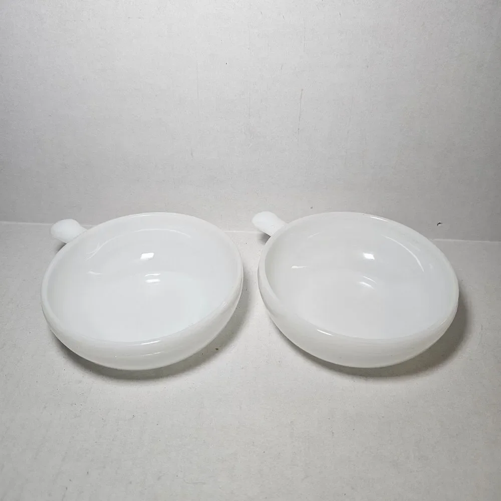 Vintage Set Of 2 Glasbake Milk Glass Soup Chili Bowls w/ Handles Solid White